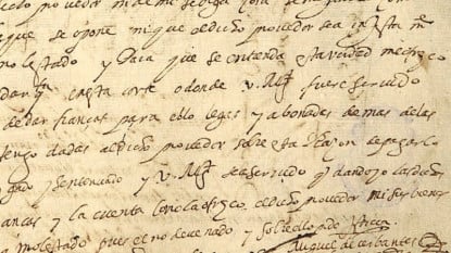 Manuscrito con la firma de Cervantes, fechado en 1592. Detalle.
